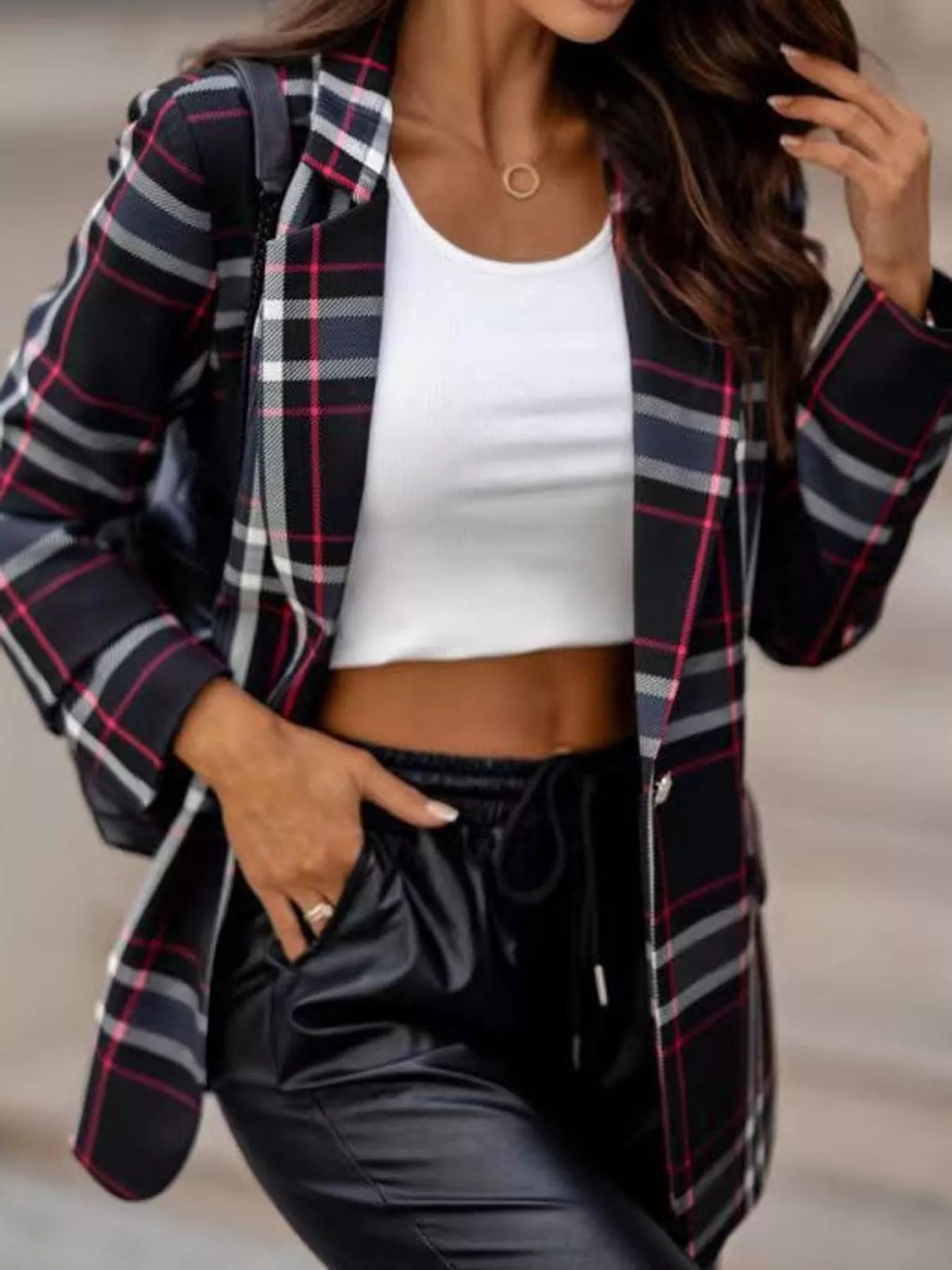 Collared long sleeve blazer, front view on model