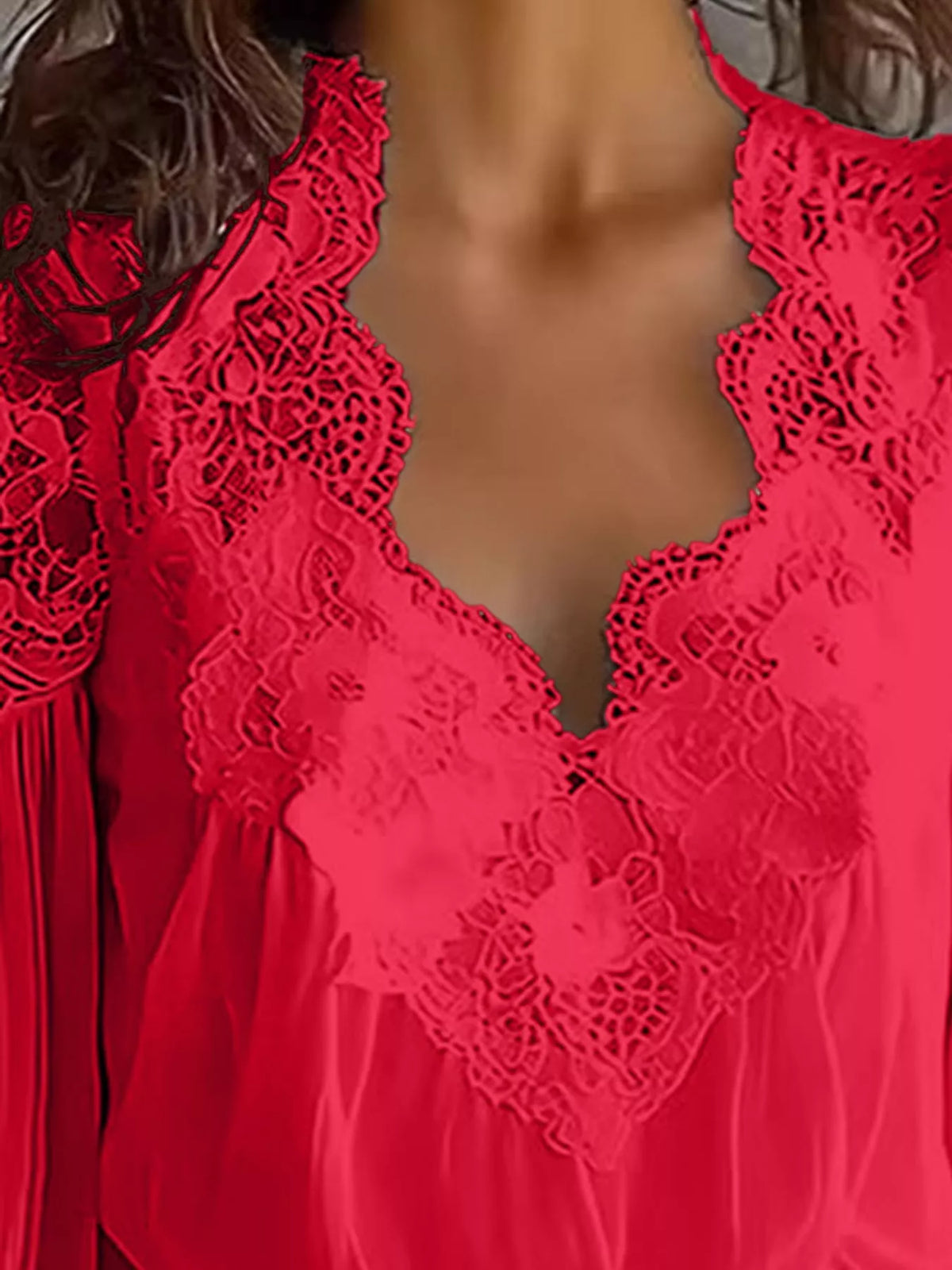 Red lace V-neck flounce sleeve blouse, lace neckline detail