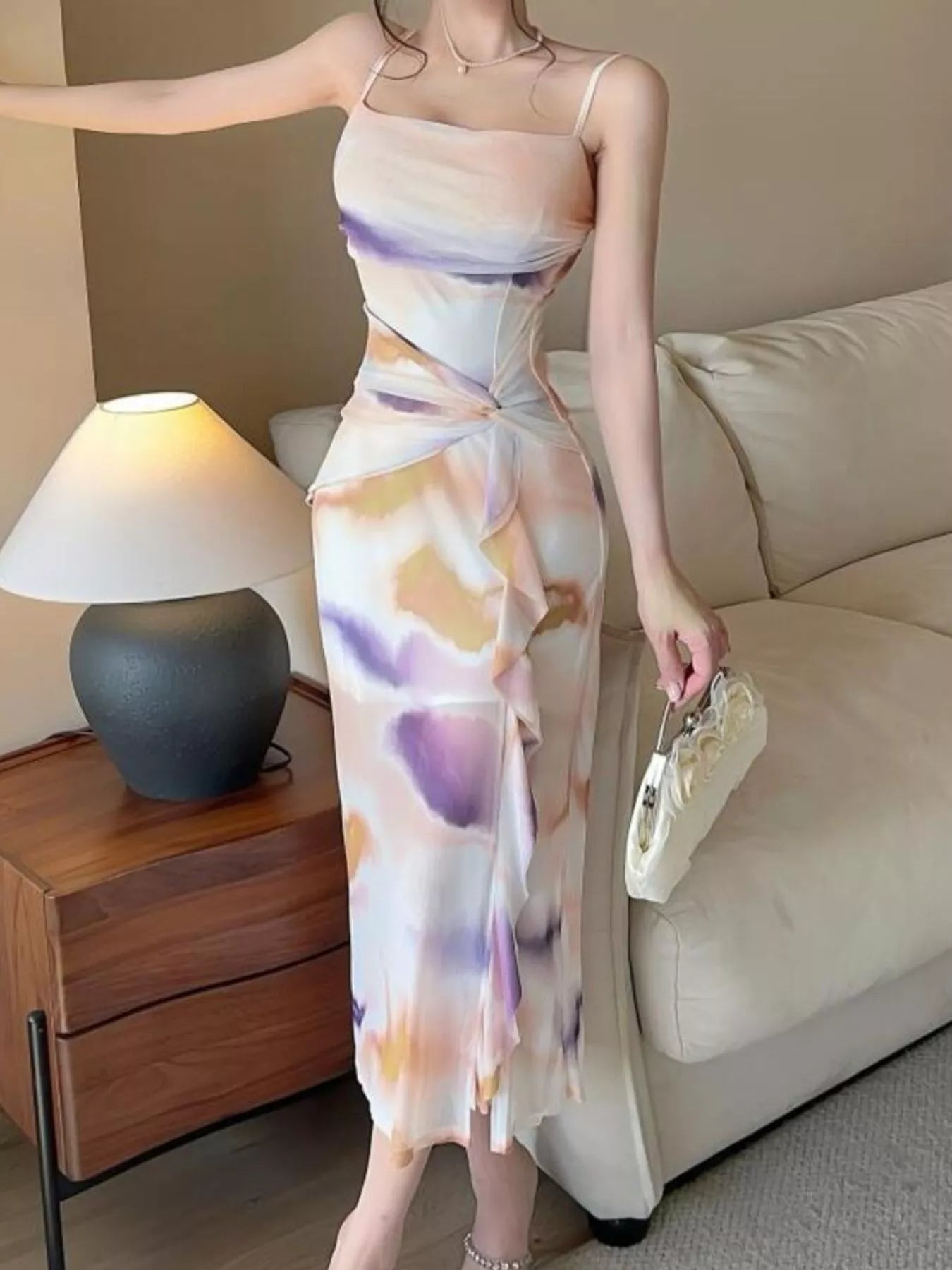 Trendsi Abstract Watercolor Print Ruched Midi Dress -