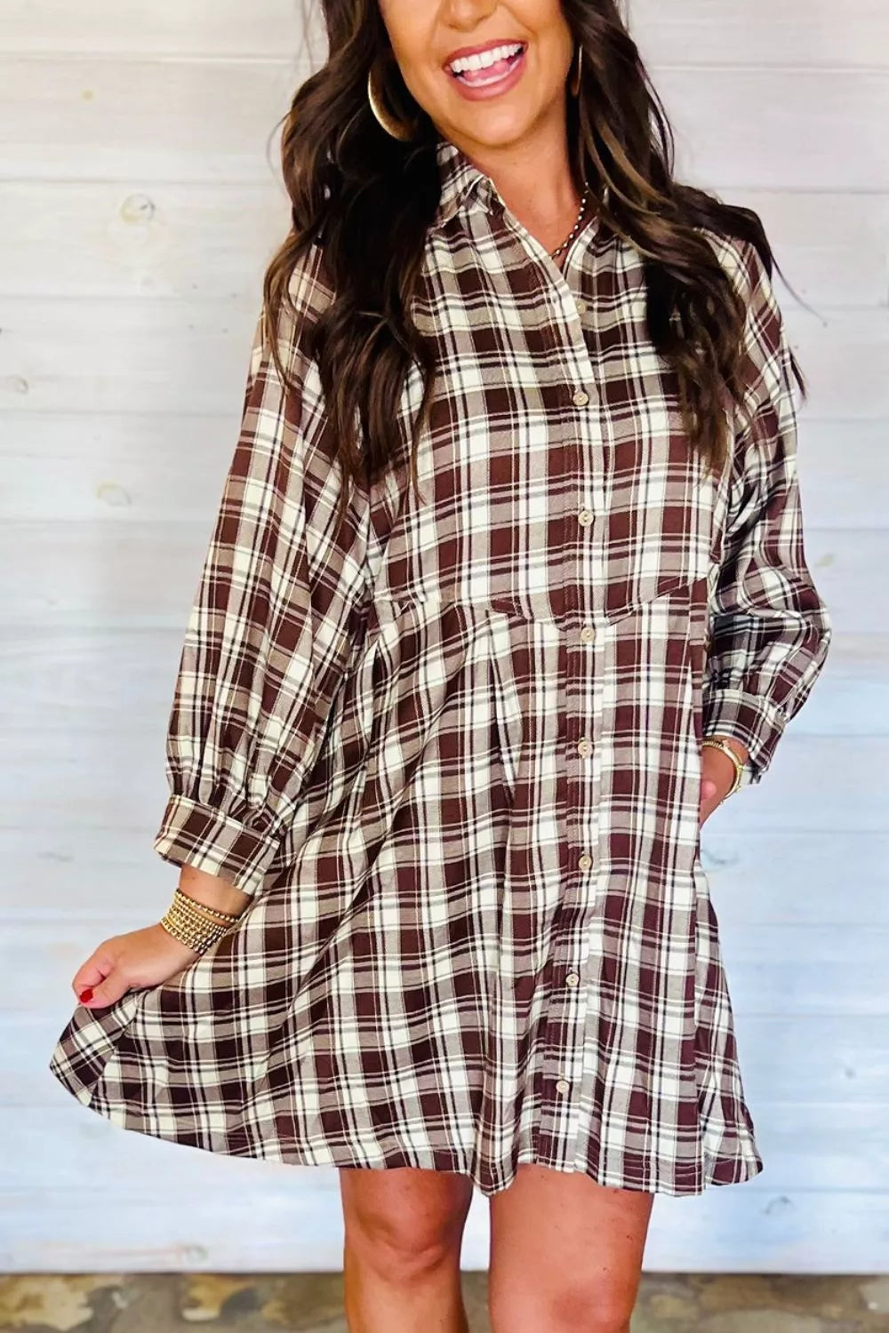Trendsi Plaid Long Sleeve Short Shift Mini Dress -