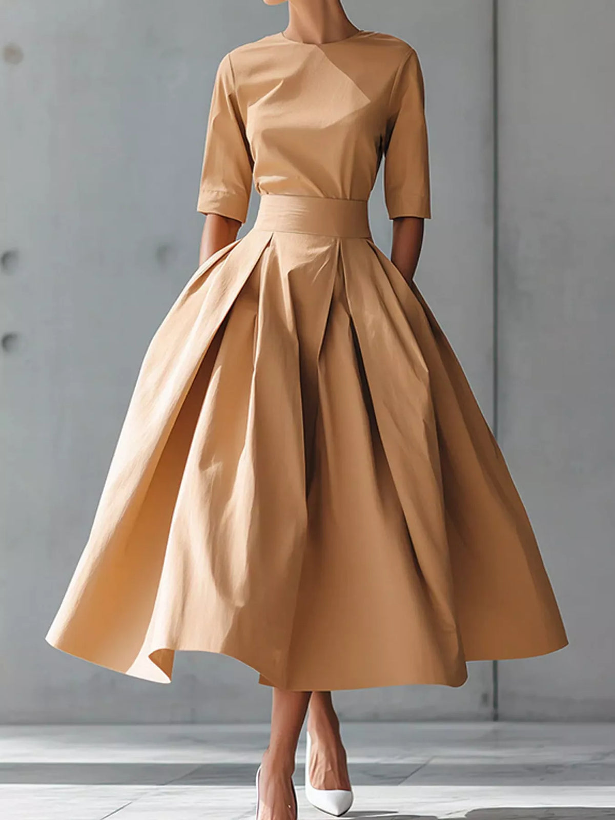 Round neck short sleeve midi dress, front view on model