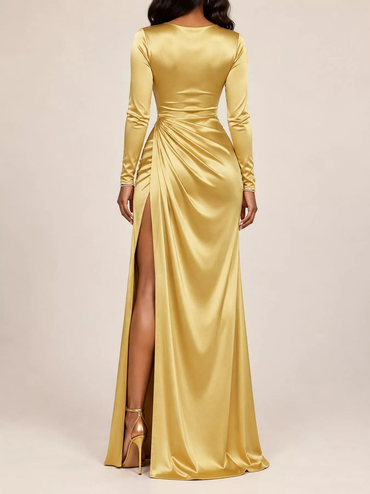 Yellow satin cowl neck high-slit maxi dress, back view