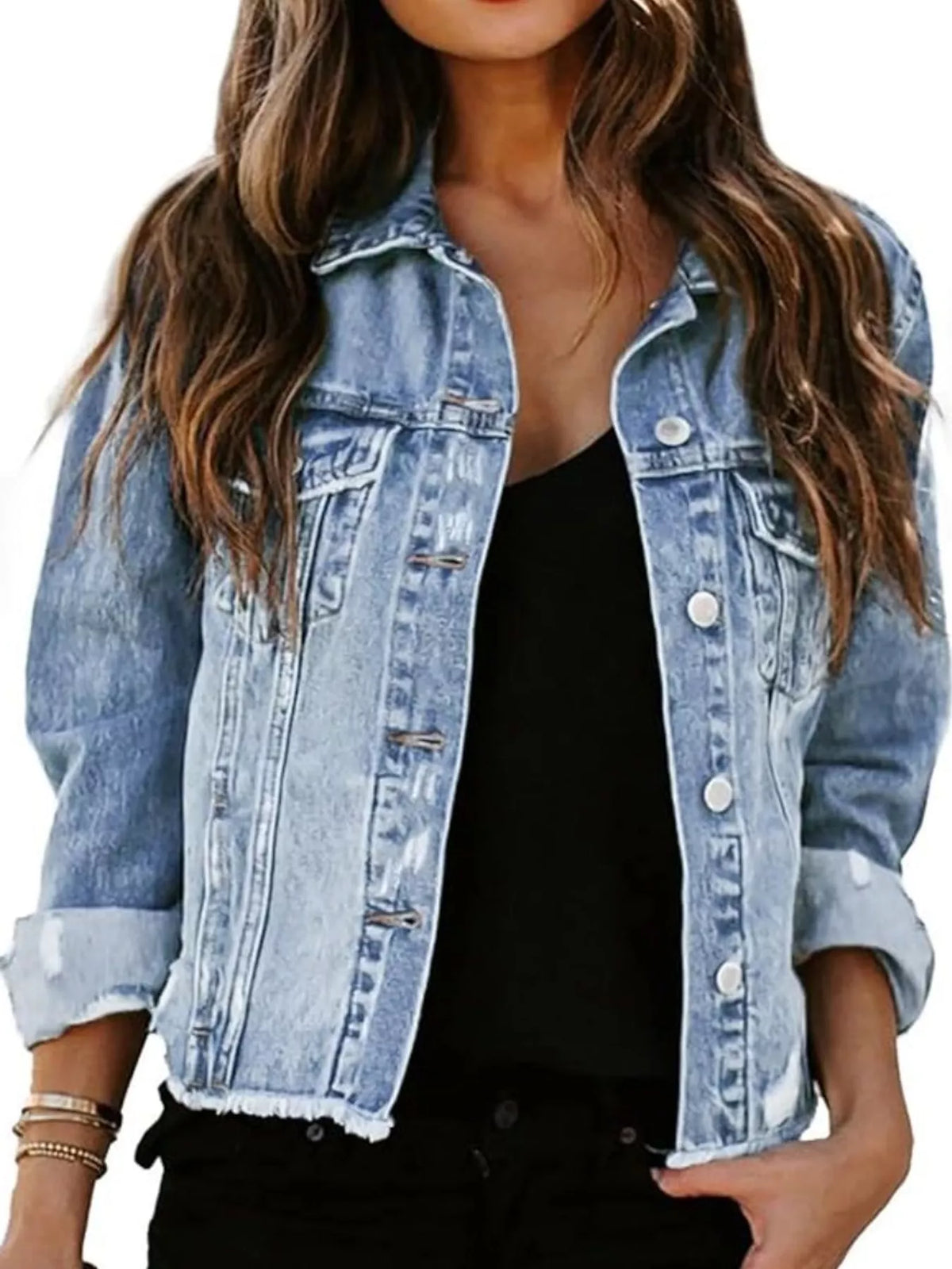 Women's Distressed Raw Hem Denim Jacket in light blue — front view