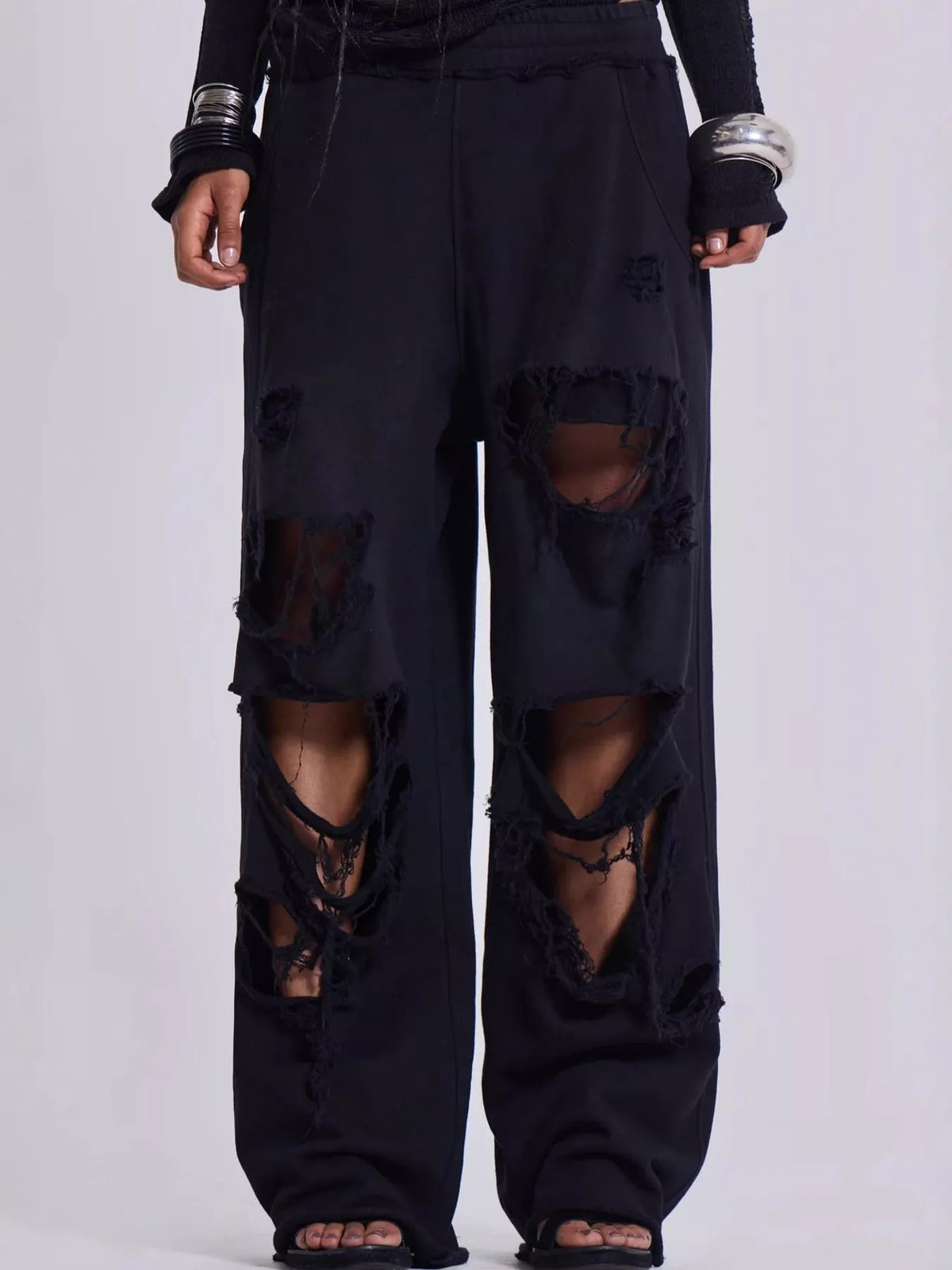 Black distressed high-waisted wide-leg sweatpants
