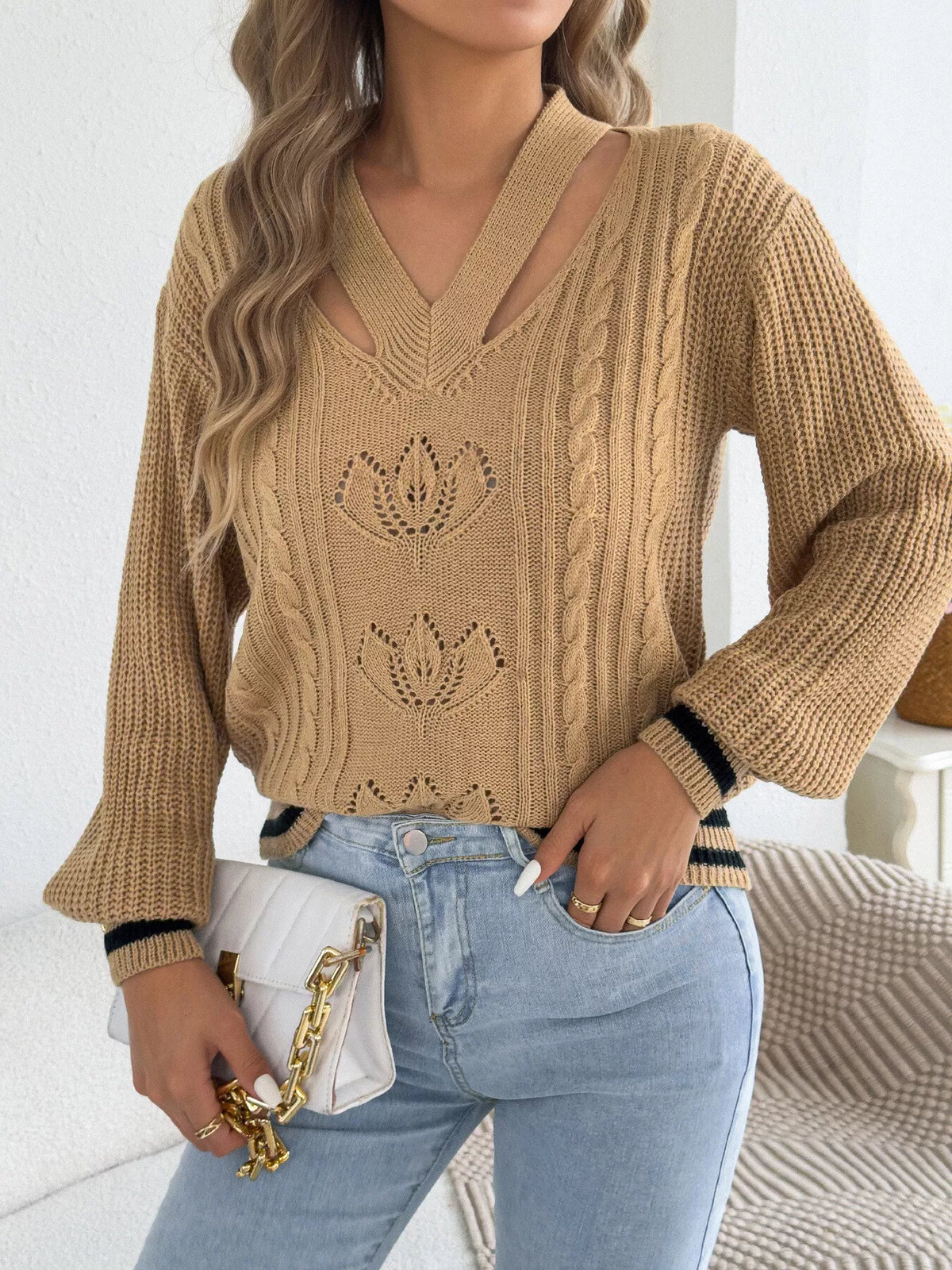 Cutout Cable Knit Sweater in camel, front view