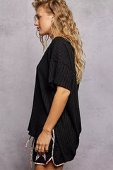 Trendsi POL Ribbed Knit V-Neck Short Sleeve T-Shirt -