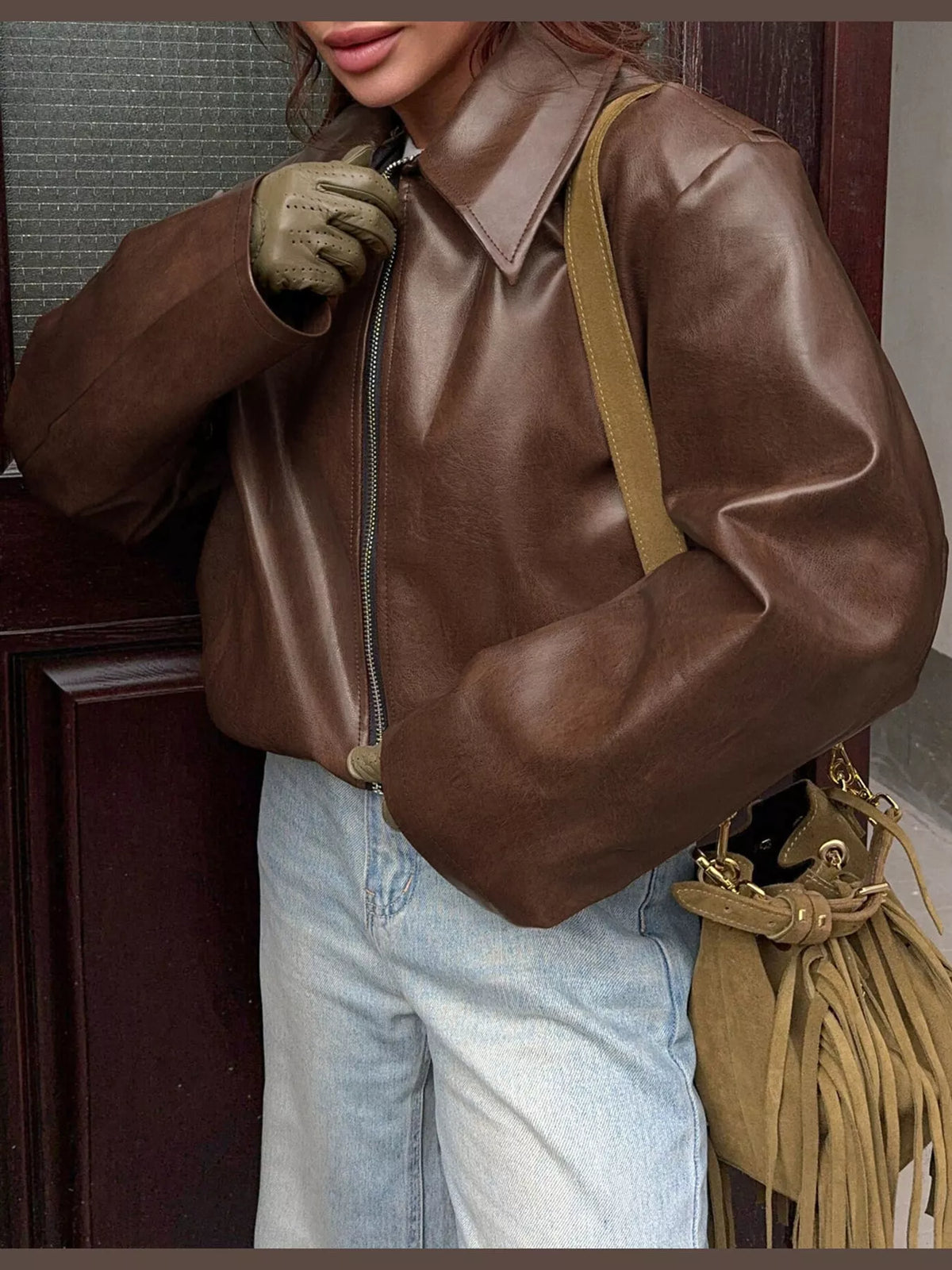 Vintage Faux Leather Zip-Up Jacket — front view
