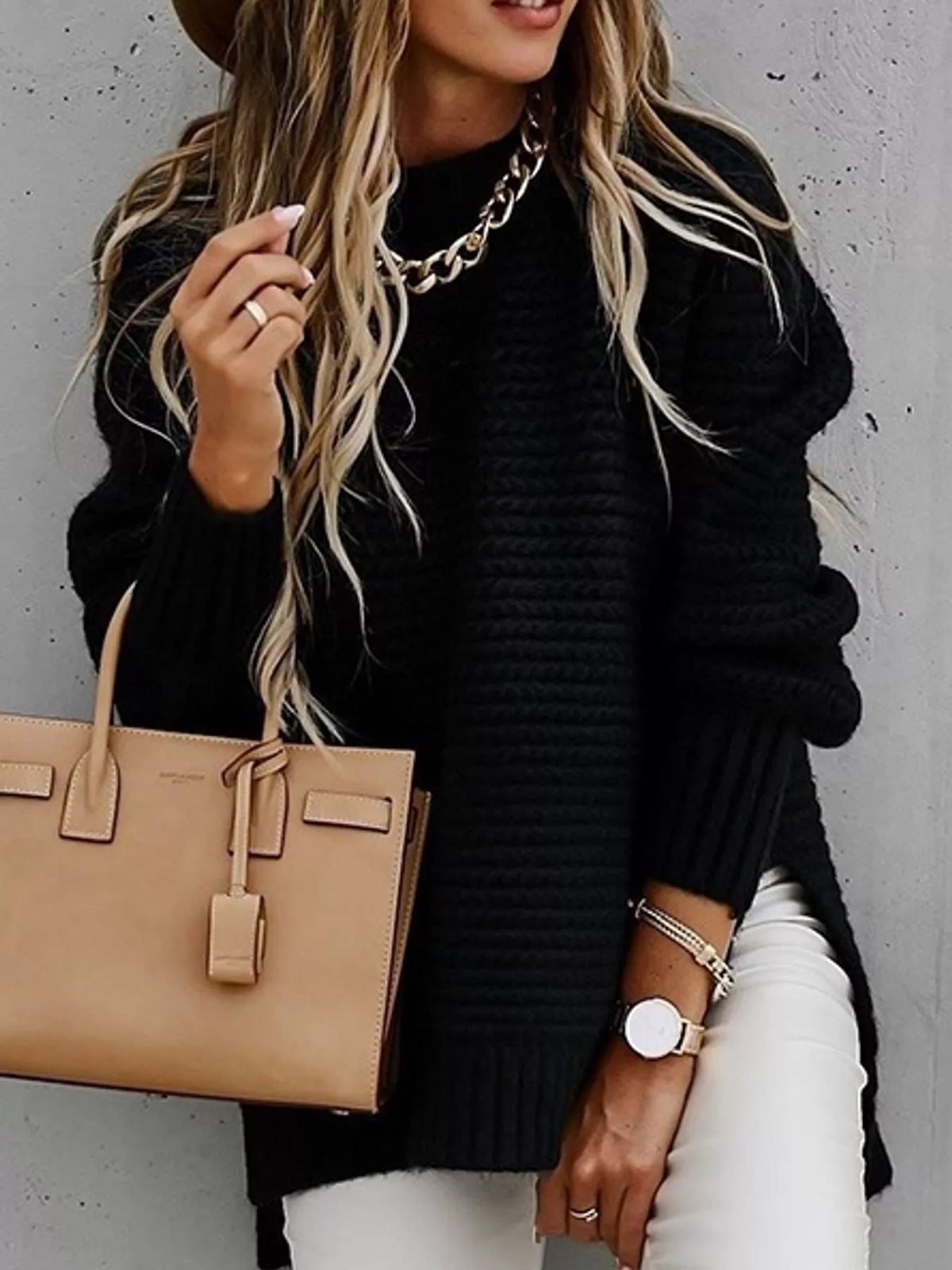 Round neck long sleeve sweater, front view on model