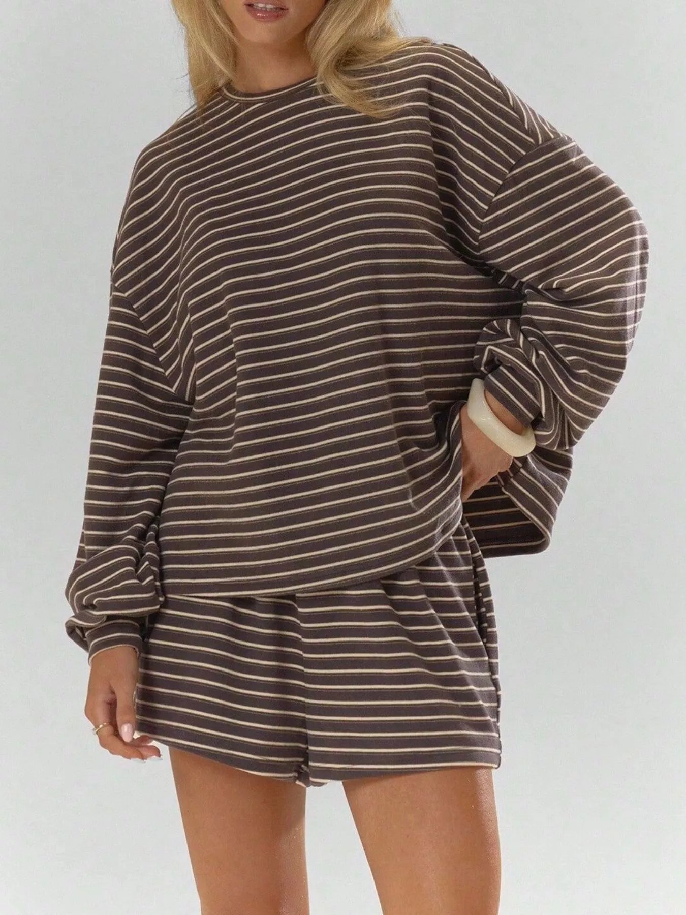 Trendsi Casual Striped Long-Sleeve Top and Shorts Set -