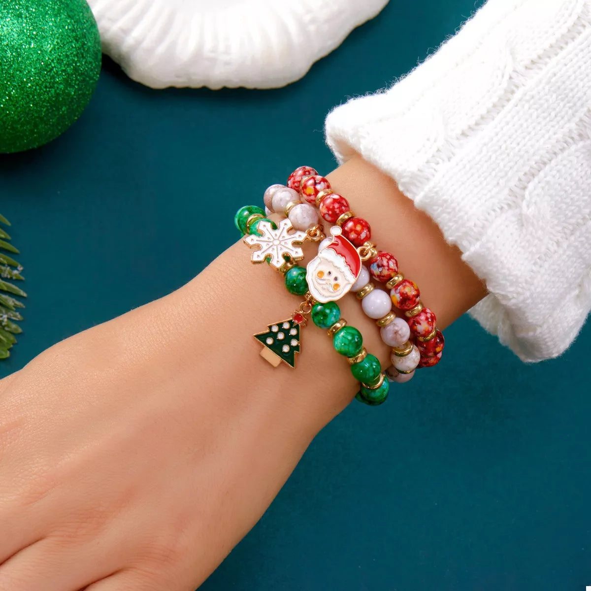 Trendsi 3 Piece Christmas Charm Beaded Bracelet -