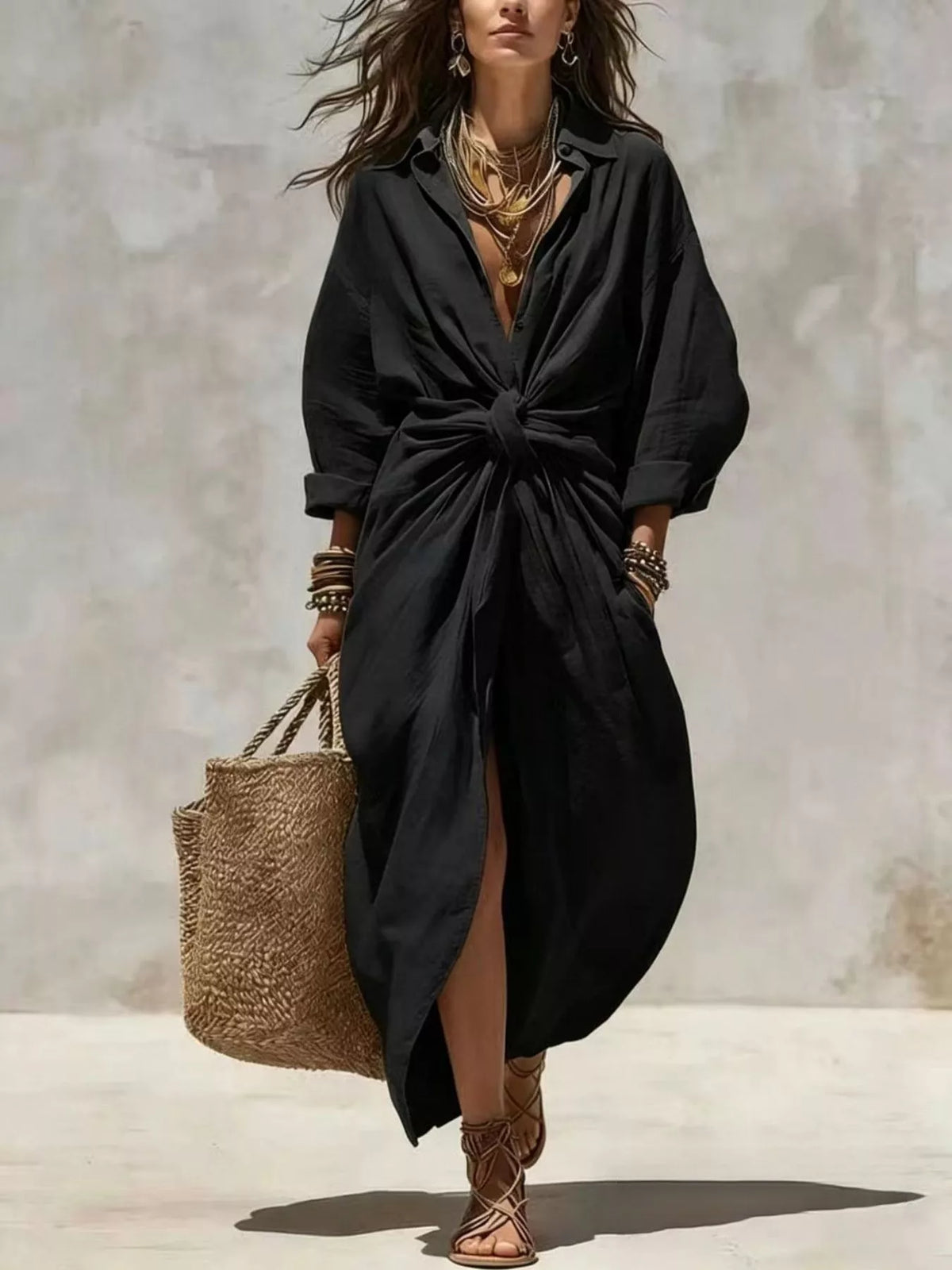 Trendsi Front-Tie Maxi Shirt Dress -