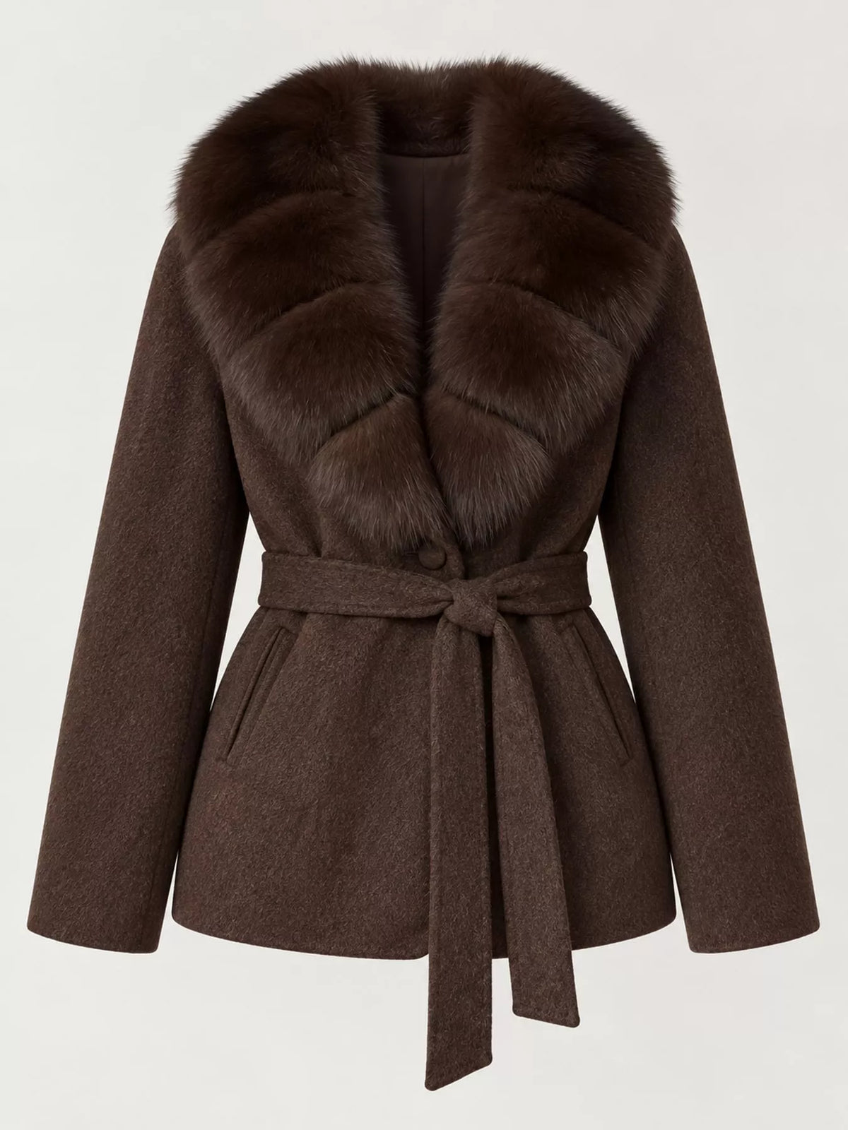 Faux Fur Collar Belted Jacket — garment front