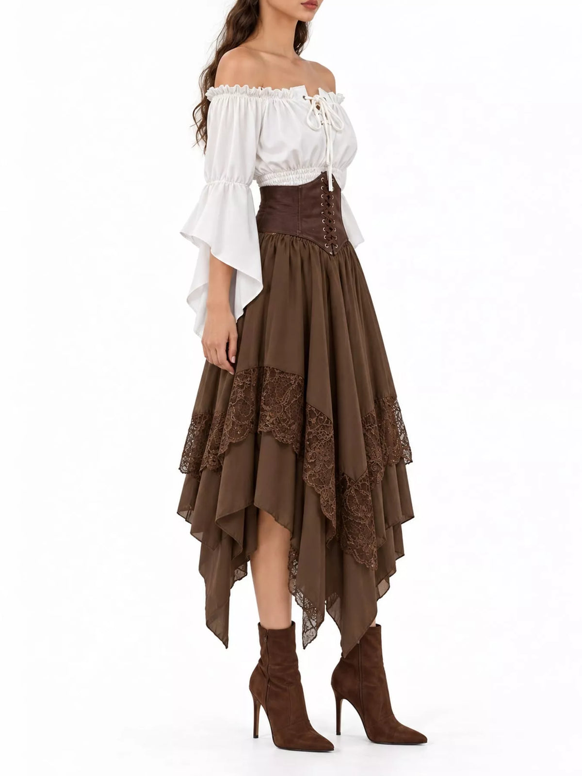 Brown skirt and white top off-shoulder top, waist band and skirt set — side view