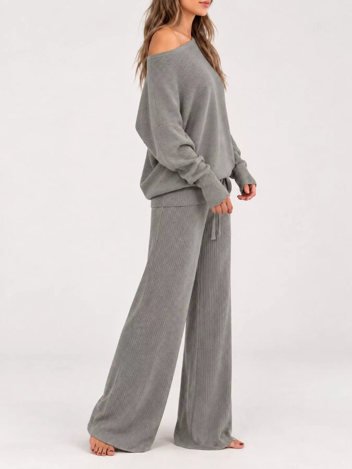 Asymmetric neck long sleeve outfit set, side view