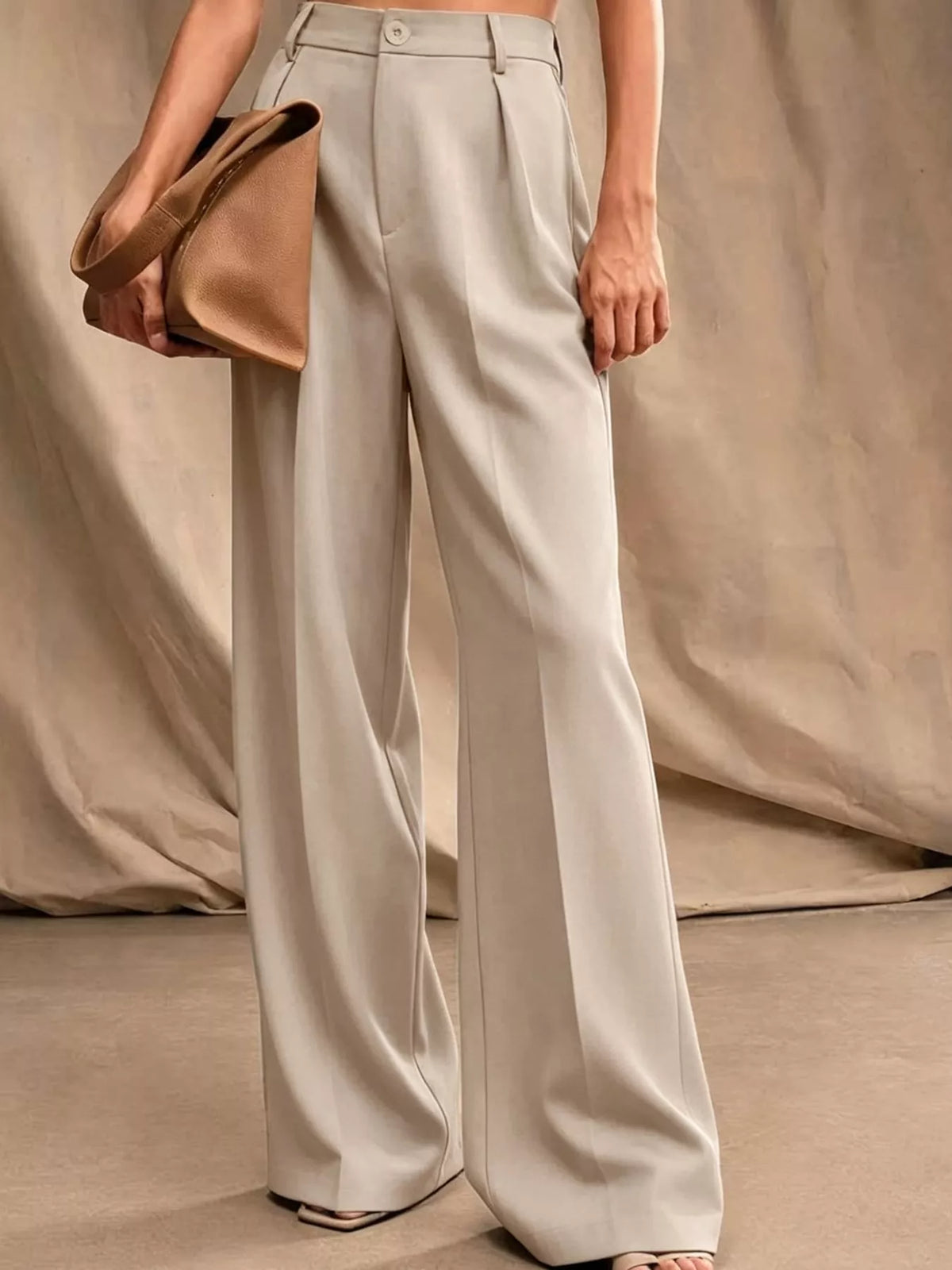 Women's Pleated Wide-Leg Trousers in beige — front view