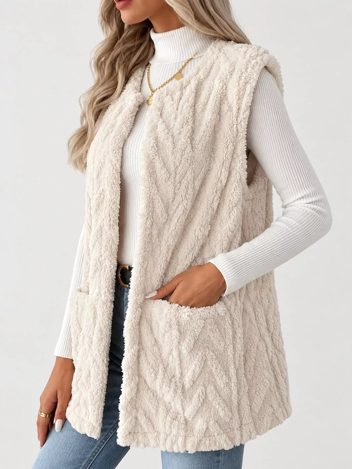 Cream sherpa open front vest coat, side view