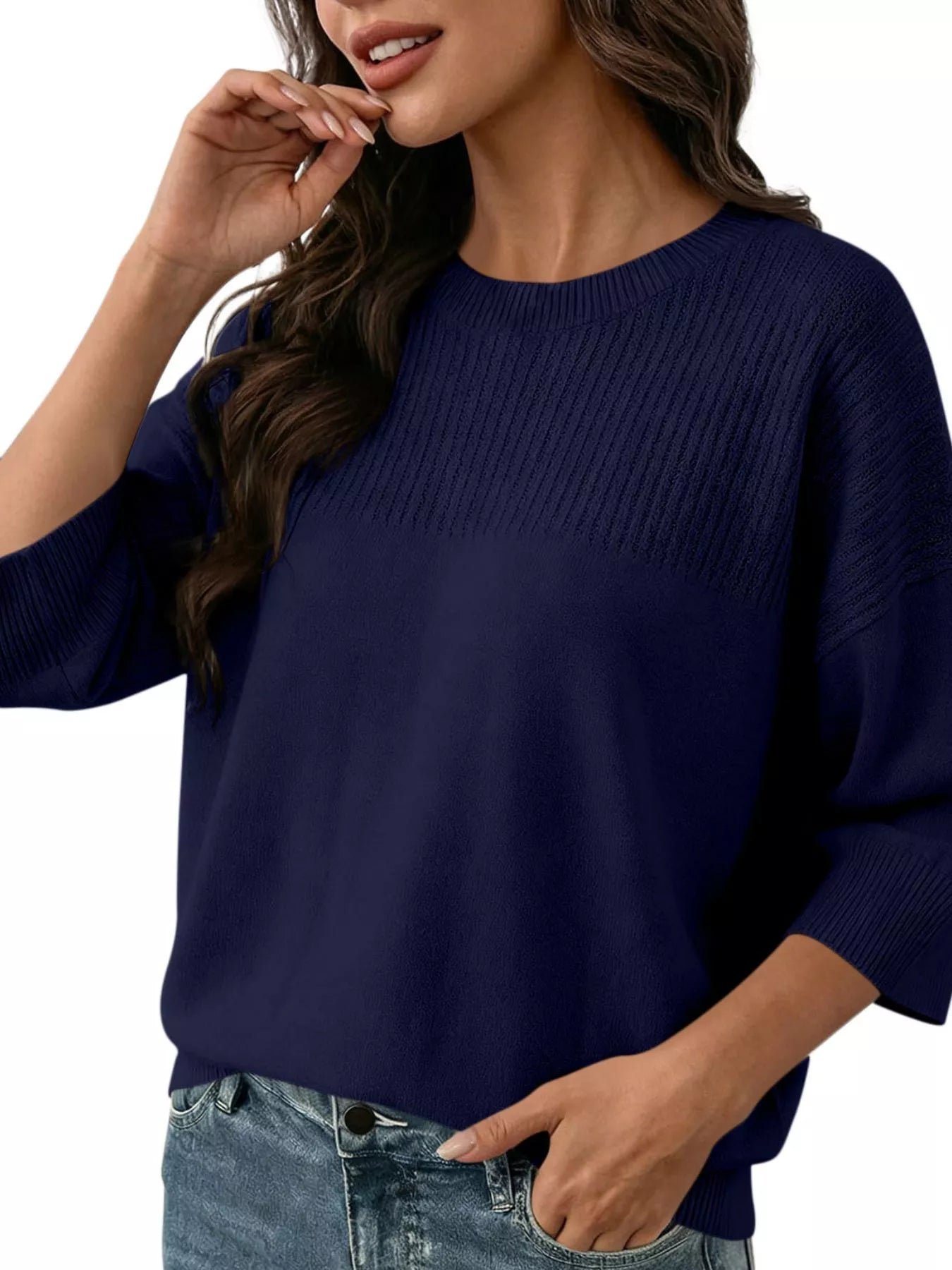 Trendsi Elegant Crew Neck Eyelet Ribbed Sweater -