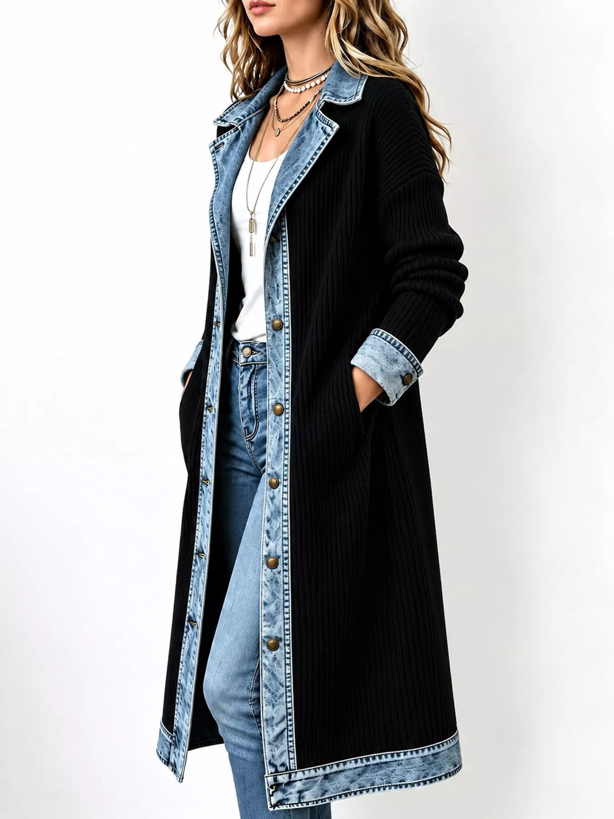 Black Real Denim denim-trimmed ribbed knit longline cardigan