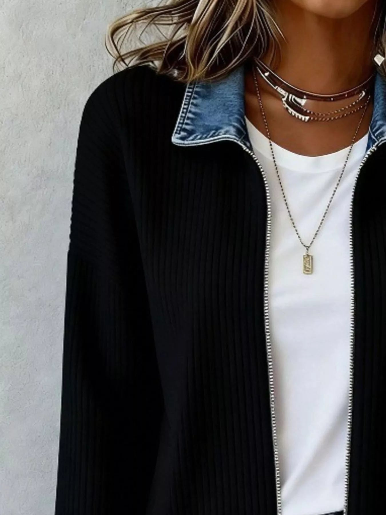 Trendsi Contrast Denim Collar Ribbed Knit Jacket - Outerwear