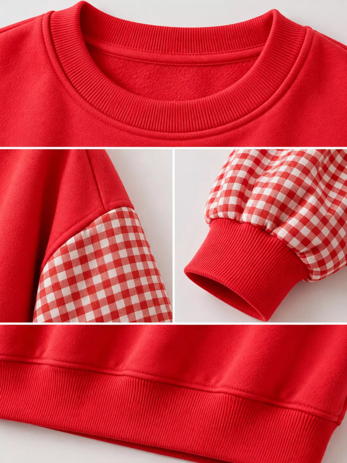Red and white gingham sleeve dropped shoulder sweatshirt, detail view