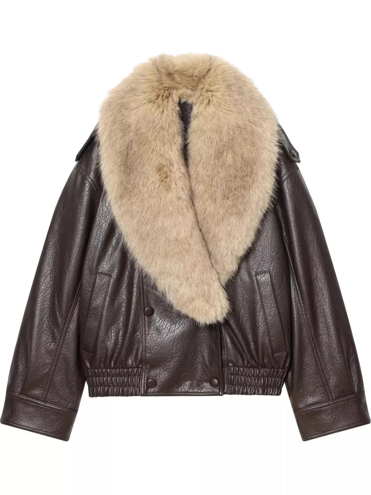 Faux Fur Collar Faux Leather Bomber Jacket in coffee, front view