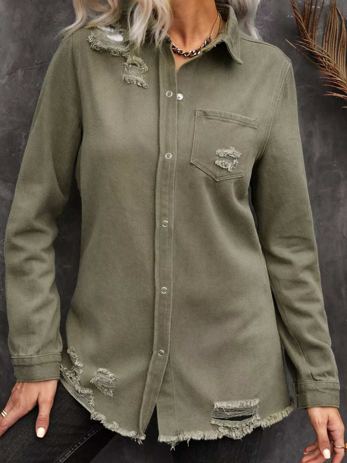 Trendsi Raw Hem Distressed Denim Shirt Jacket -