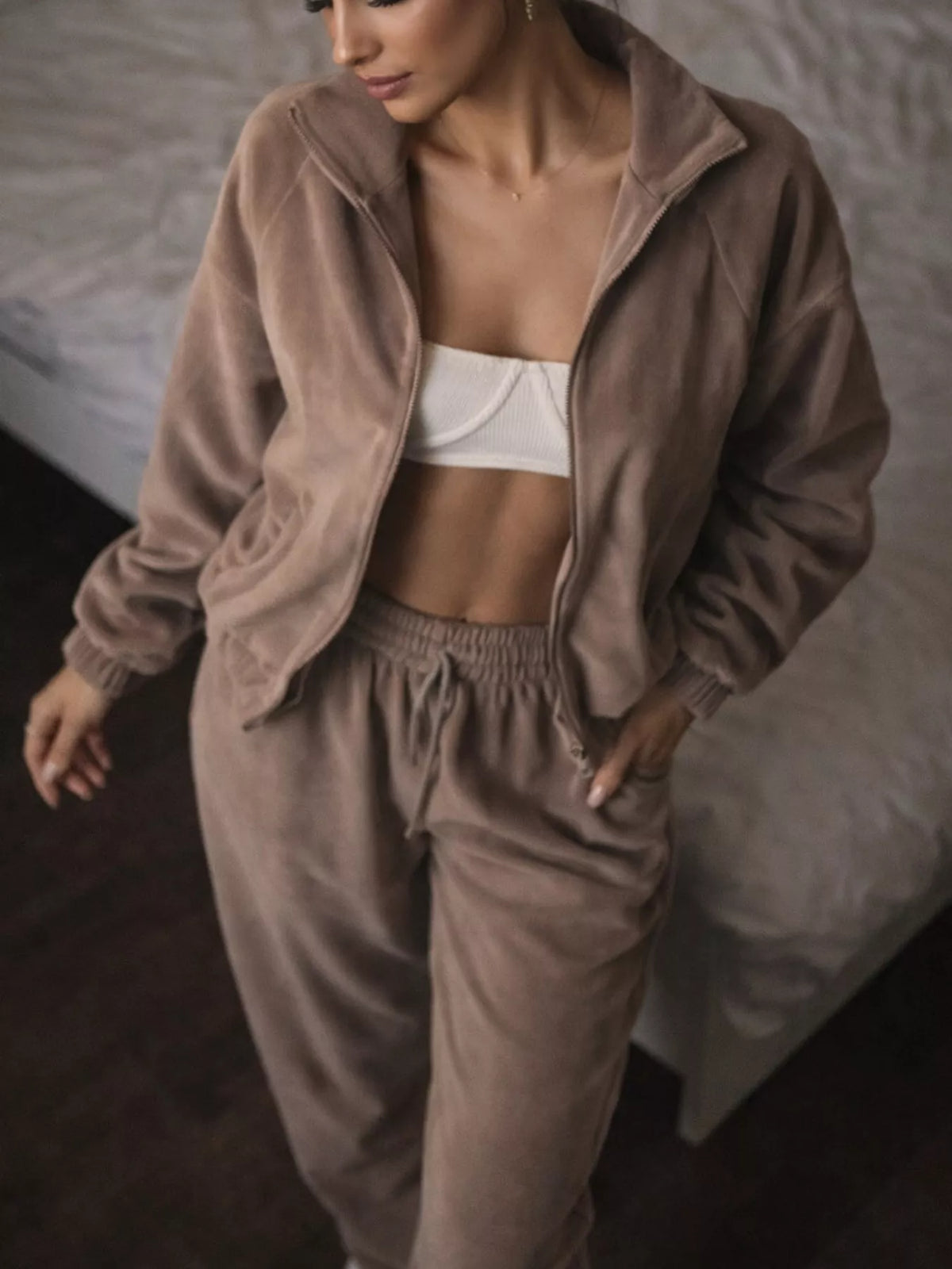 Brown zip-up outerwear and pants set — front view