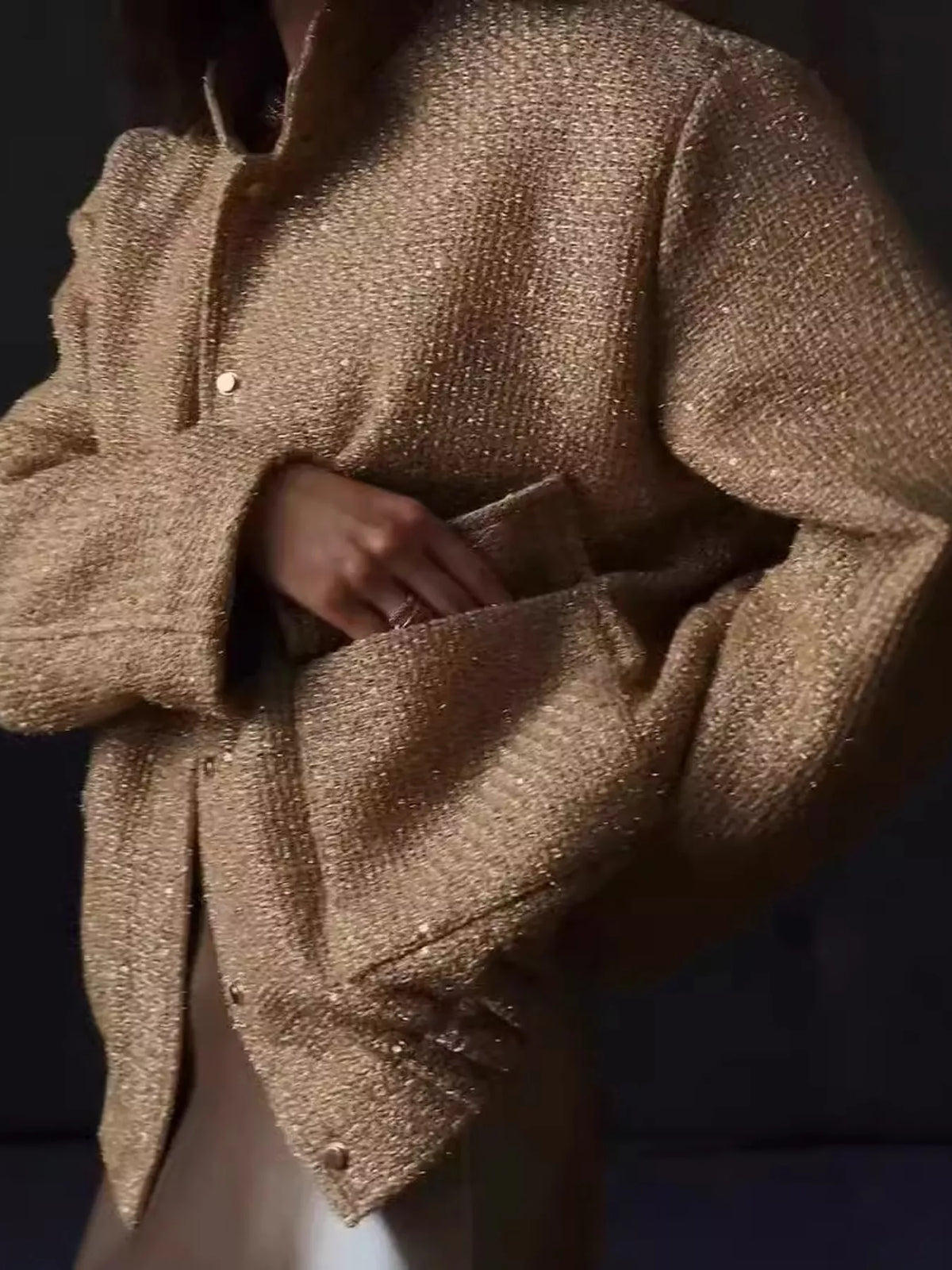 Gold tweed bomber jacket with front pockets