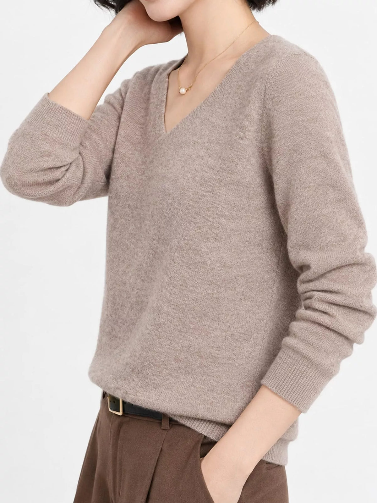 Elegant Camel v-neck long sleeve knit top