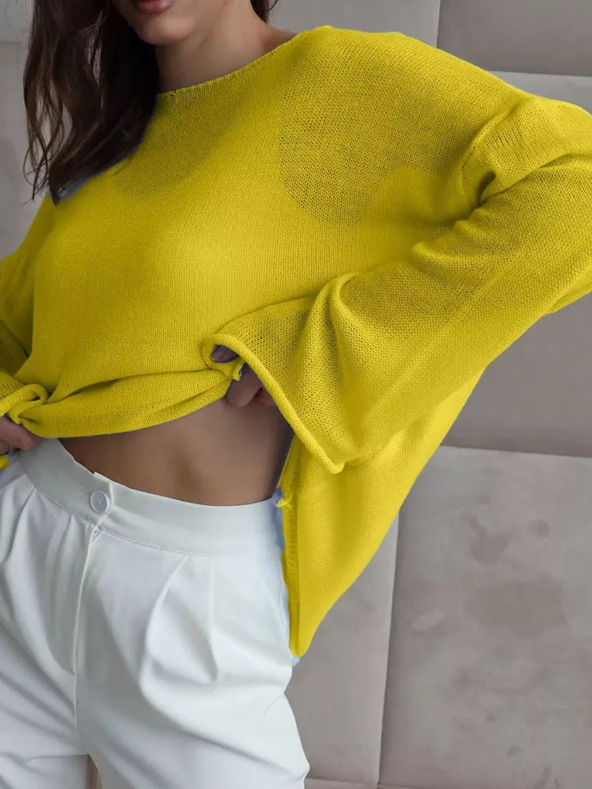 Yellow sheer openwork knit long sleeve top