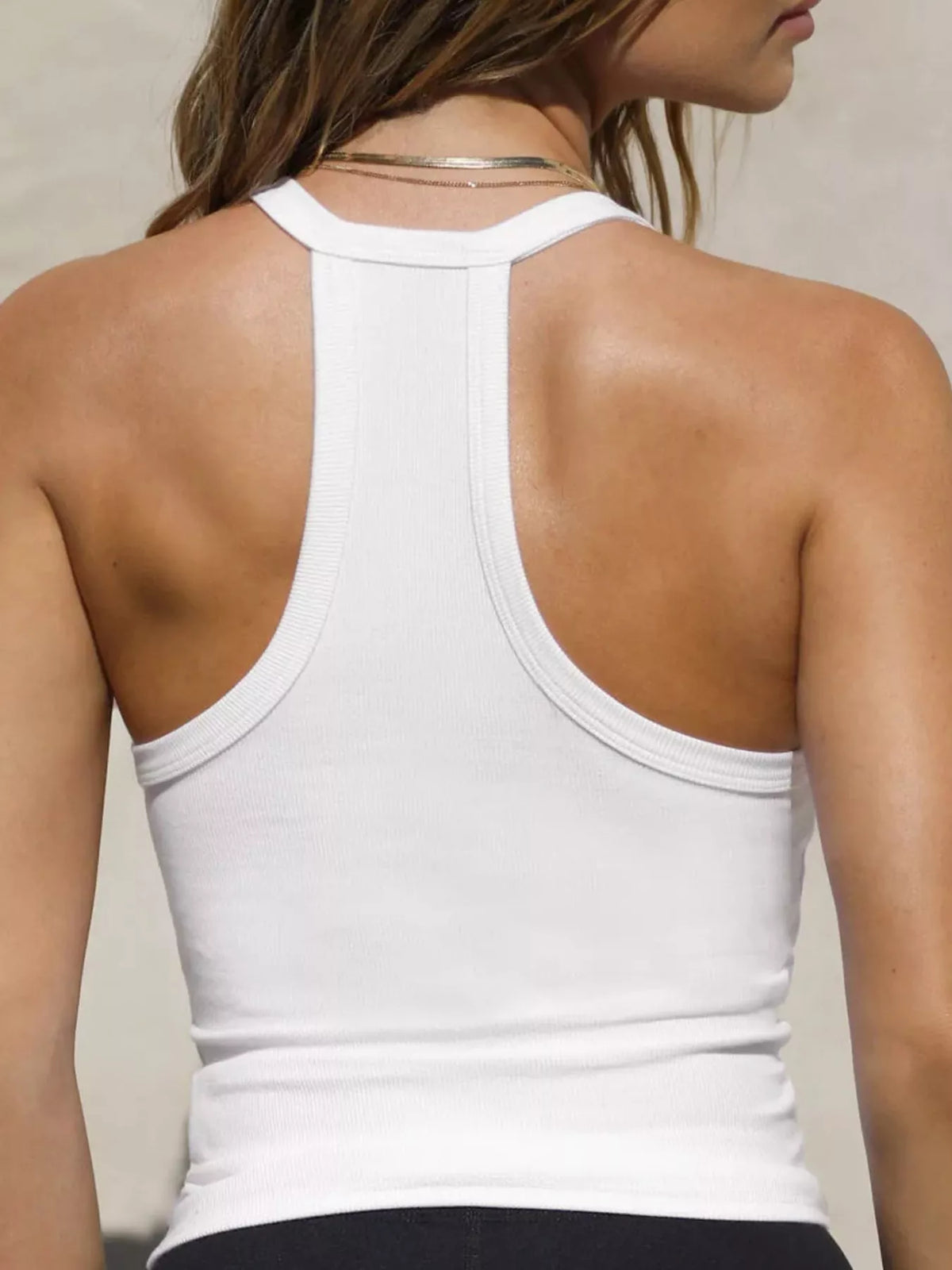 White ribbed scoop neck tank, back view