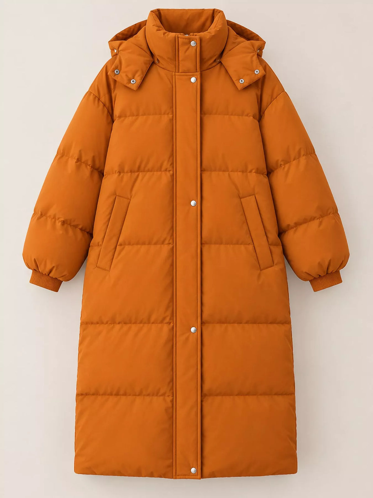 Longline puffer coat, orange flat front