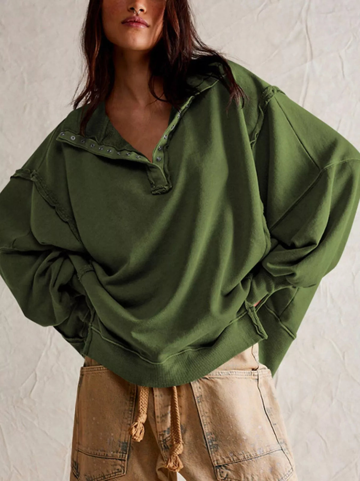 Trendsi Snap-Button Dropped Shoulder Sweatshirt -