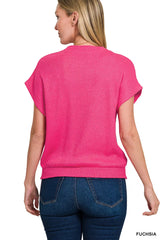 Trendsi Zenana Round Neck Banded Botton Short Sleeve Sweater -