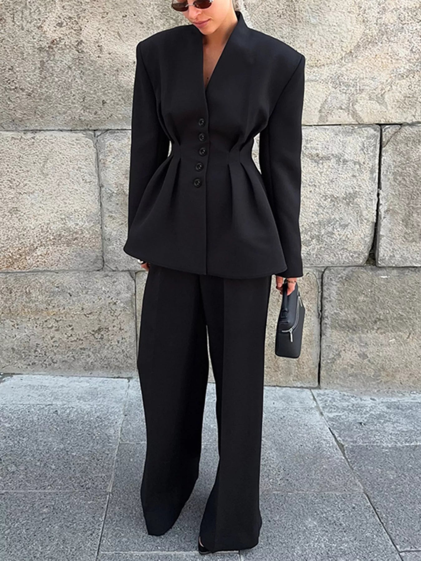 Trendsi Chic Button Down Pleated Blazer and Wide-Leg Pants Suit Set - Outerwear