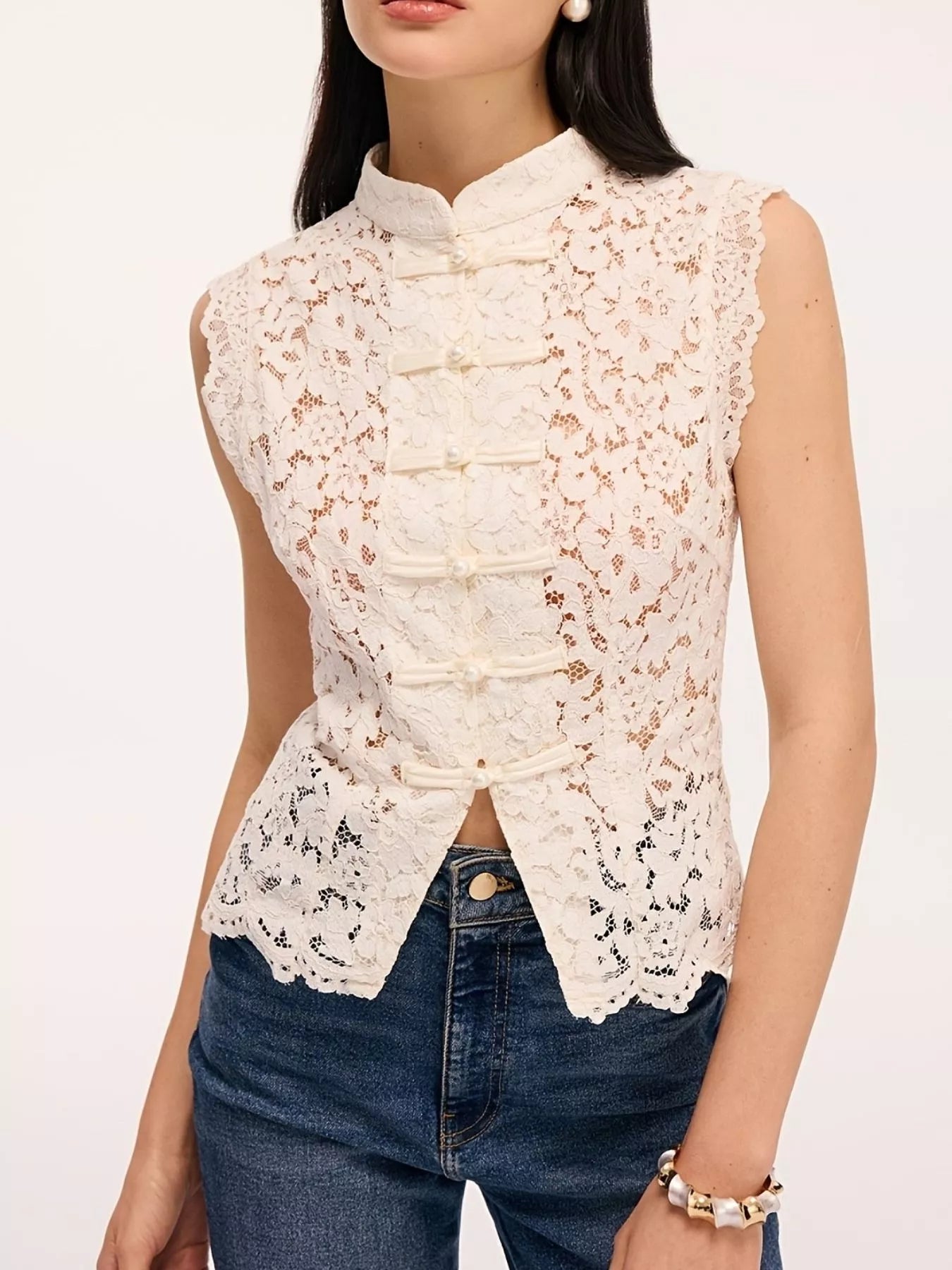 Trendsi Chinese Knot Buttons Lace Sleeveless Top -