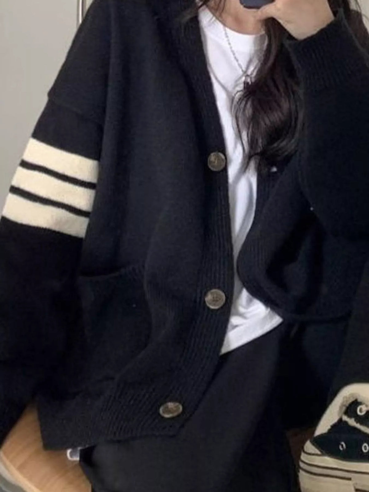 Stripes Long Sleeve V-Neck Cardigan in black