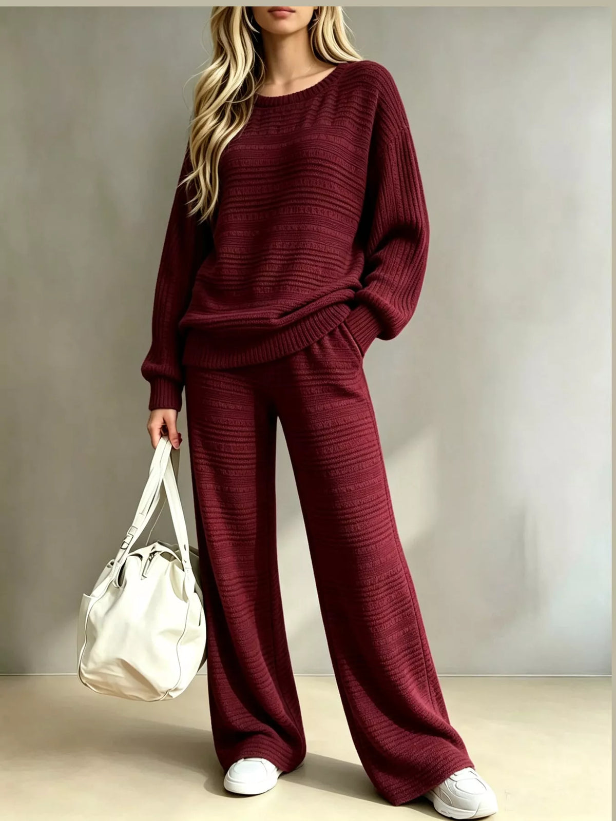 Ribbed Knit Top and Wide-Leg Pants Set — front view