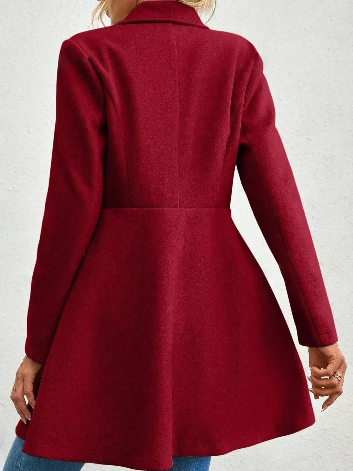 Red double-breasted slim-fit coat, back view