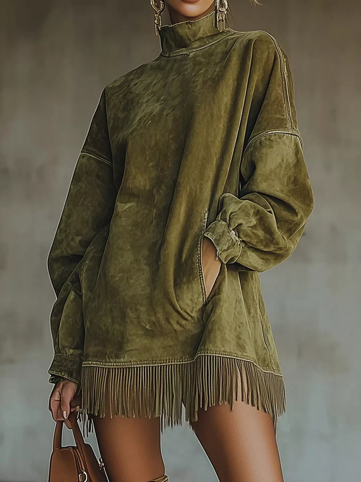 Mock neck long sleeve mini dress, front view on model