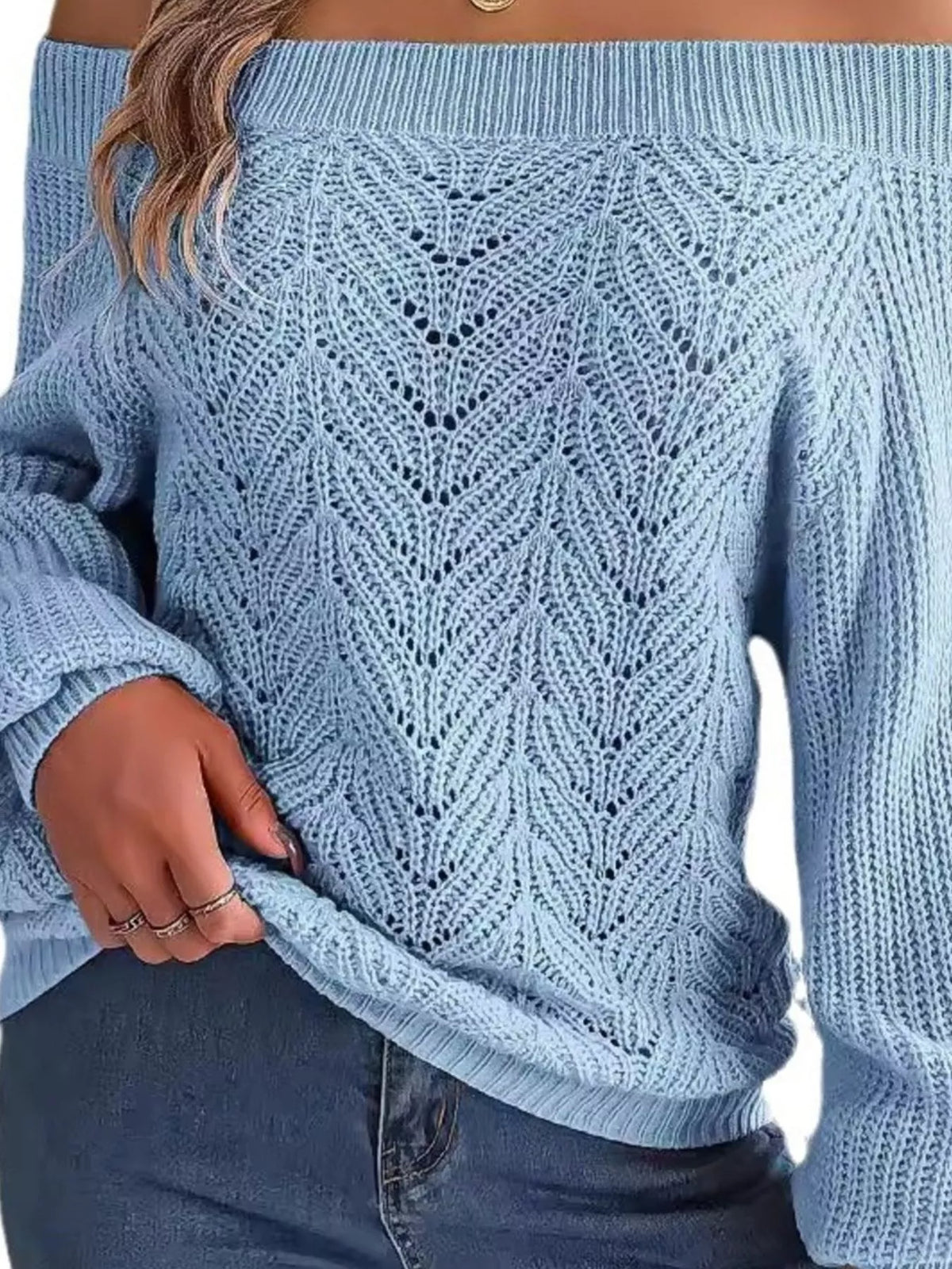 Openwork Off-Shoulder Sweater in blue, openwork detail