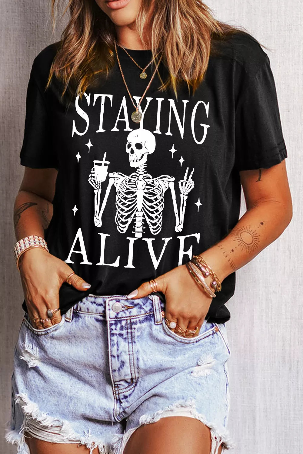 Trendsi STAYING ALIVE Funny Skeleton Graphic Round Neck T Shirt -