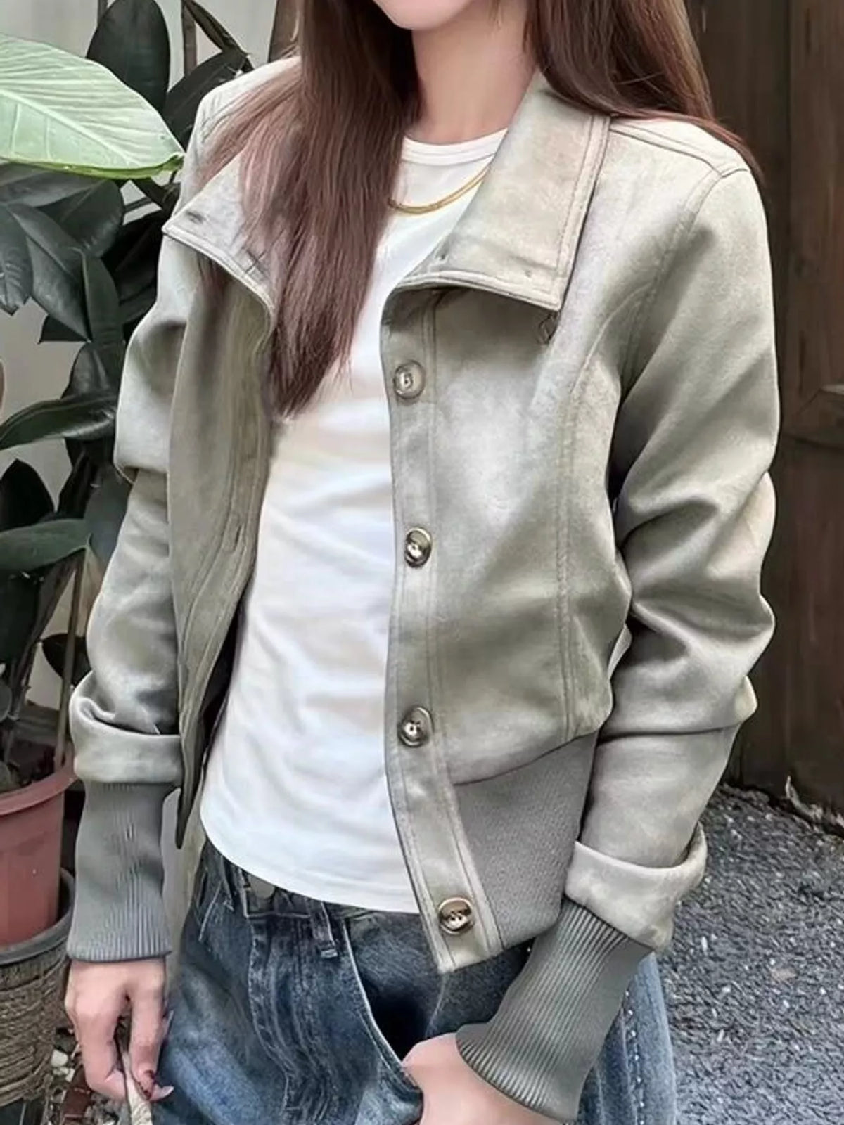 Button-Up Stand-Up Collar Jacket — front view