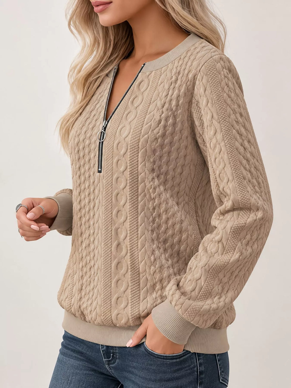 Quarter-Zip Cable Knit Sweatshirt — side view
