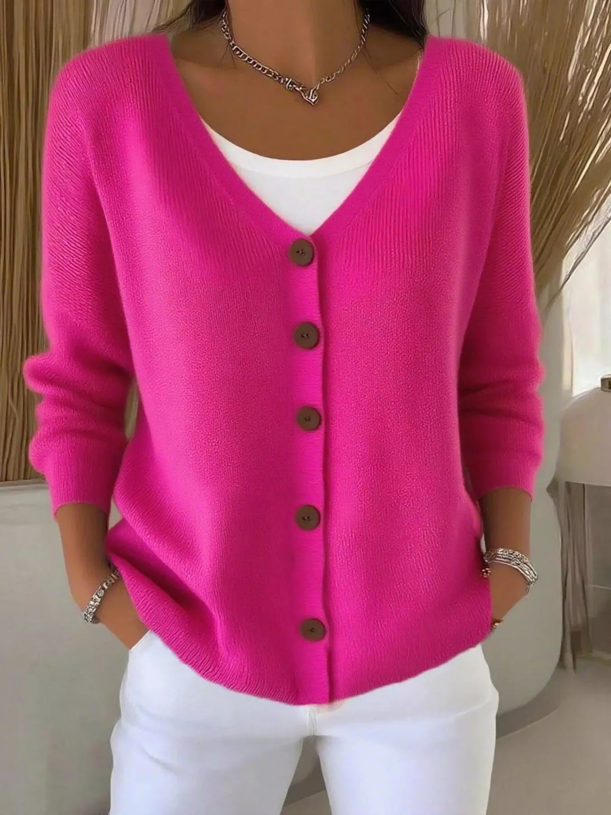 Women's V-Neck Button-Down Knit Cardigan in hot pink — front view