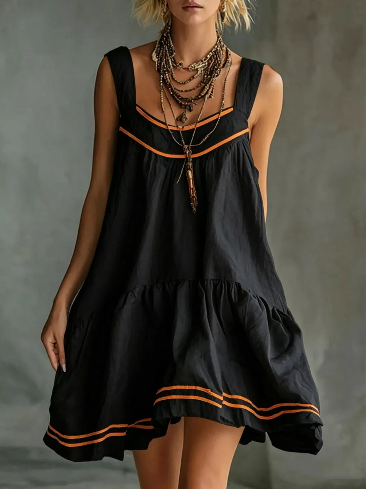Sleeveless Tiered Mini Dress in black, front view