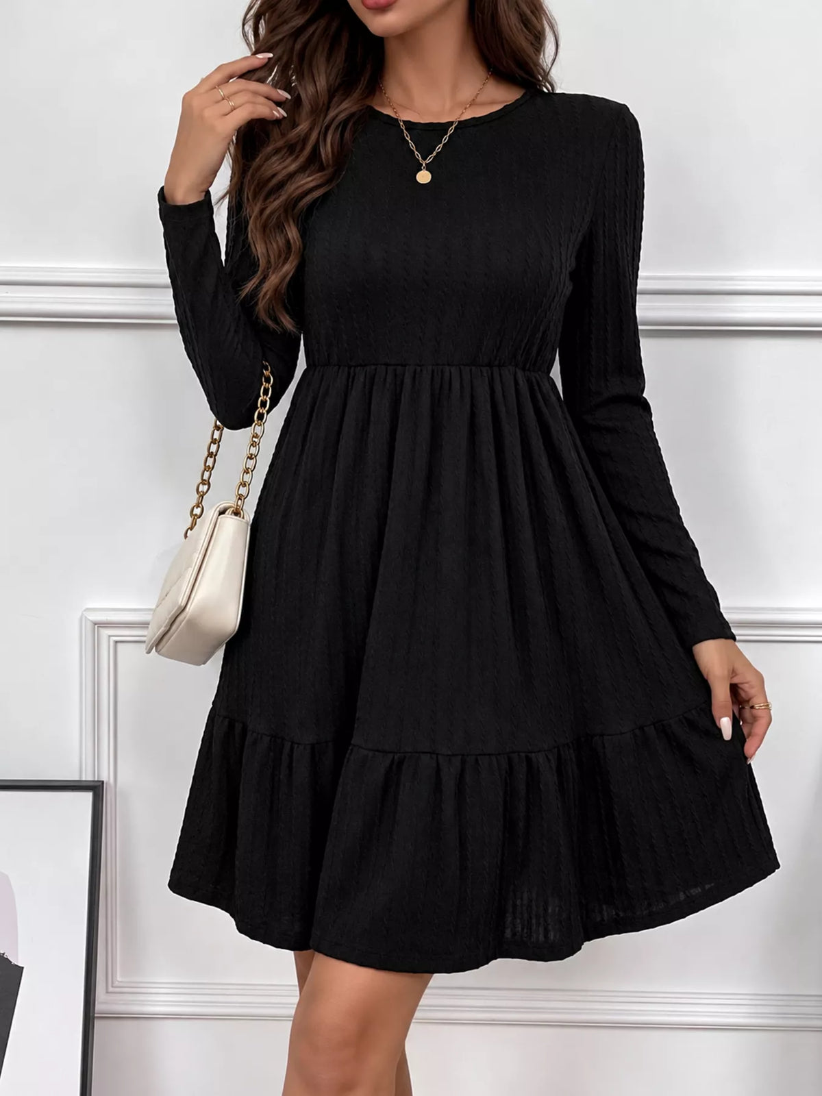 Long Sleeve Ruffle Hem Mini Dress in black