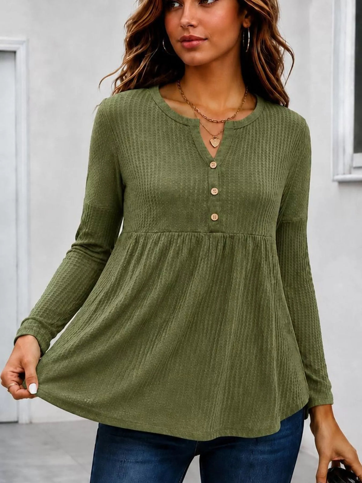 Women's Textured Long Sleeve Peplum Top in Moss, front view