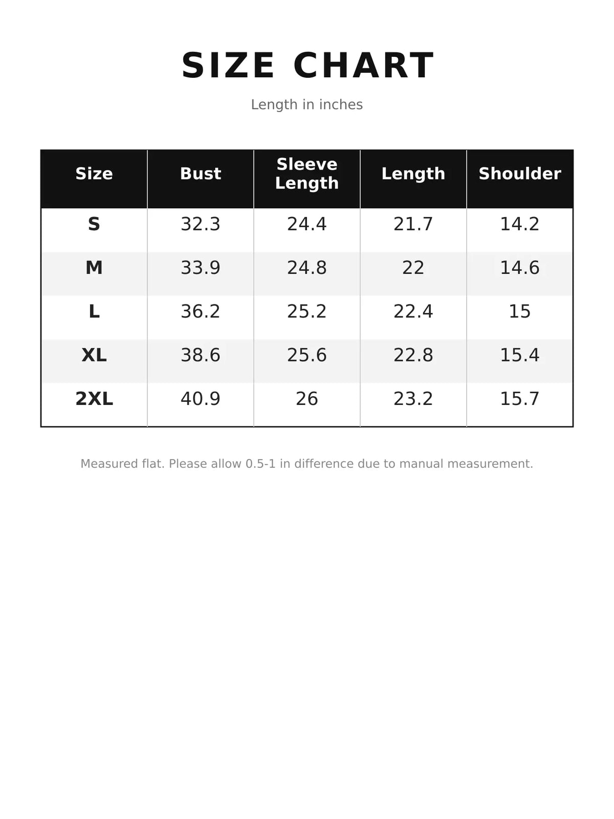 Size and measurement chart for long-sleeve T-shirt