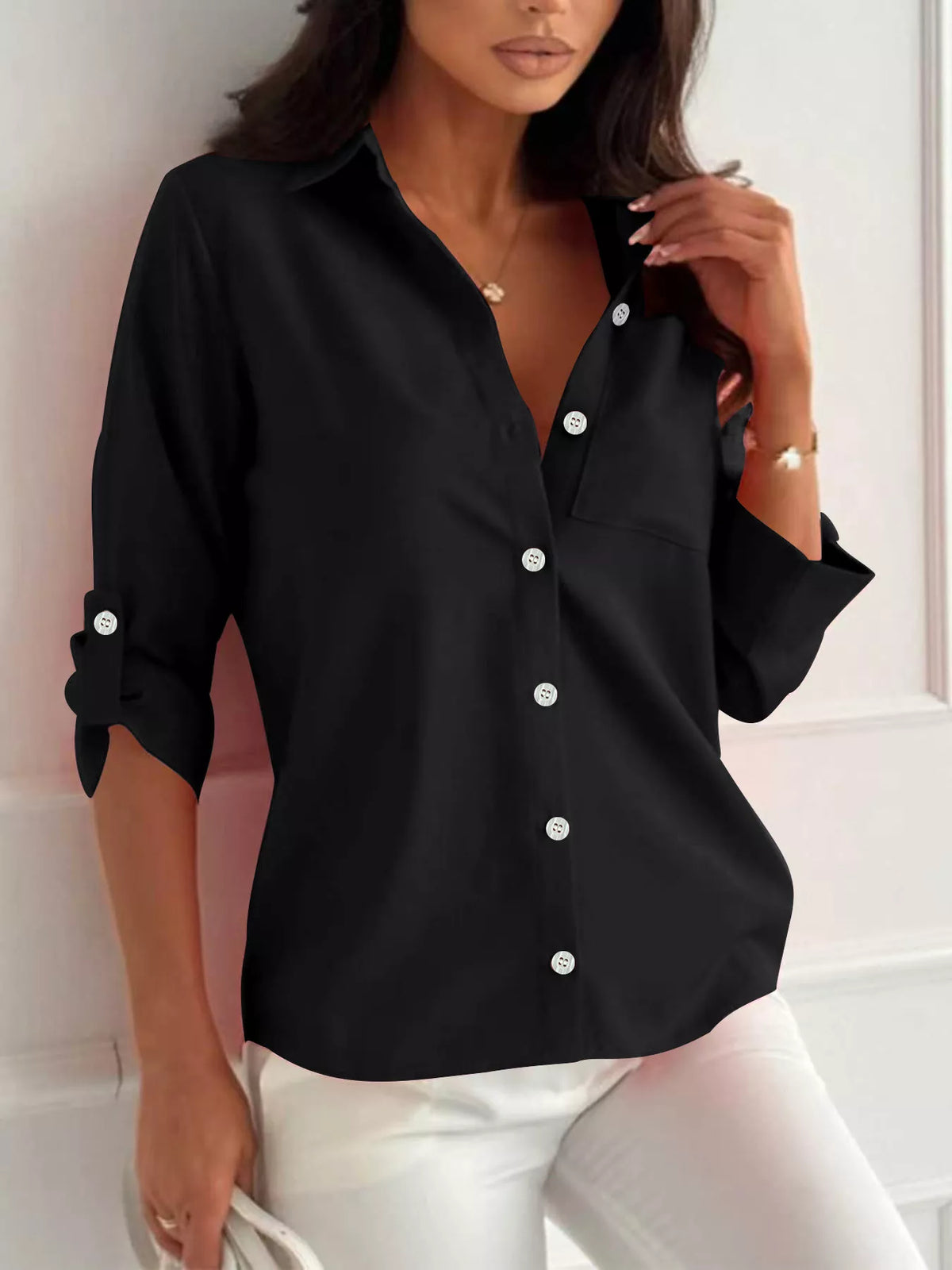 Trendsi Button-Down Roll-Up Sleeve Shirt -